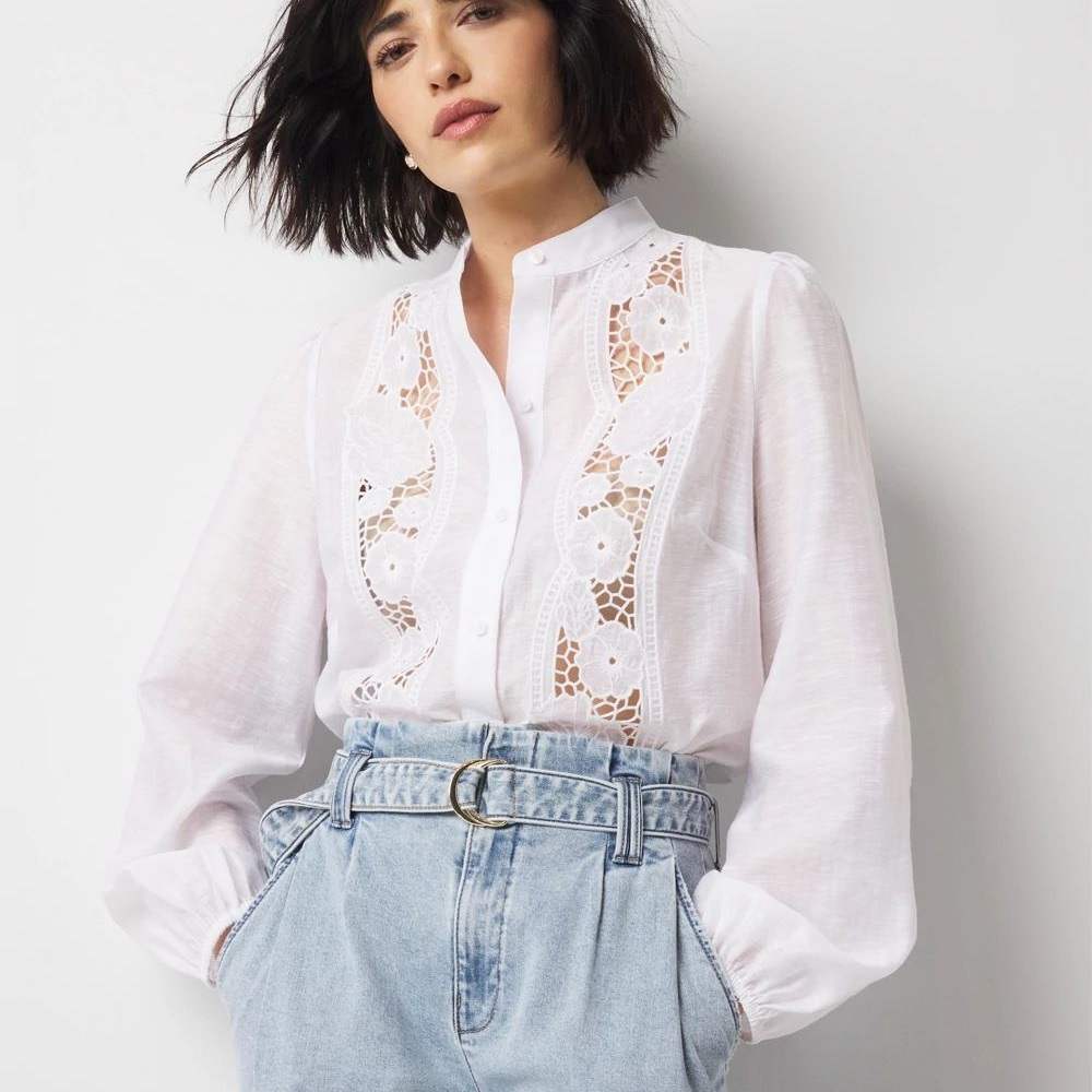 White House Black Market White Crochet Inset Button-Front Blouse